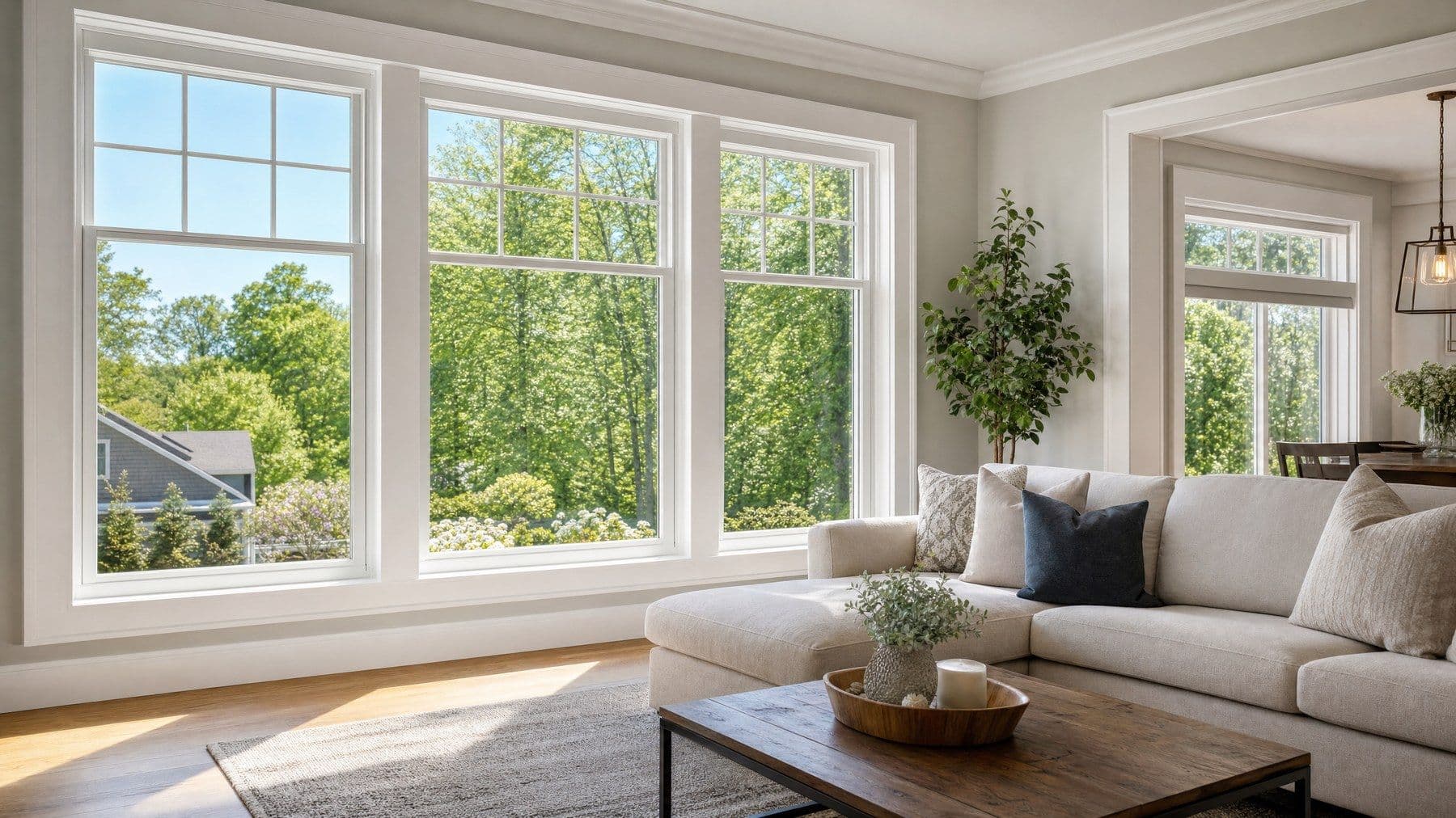 Sunny summer Massachusetts home with newly installed white replacement windows