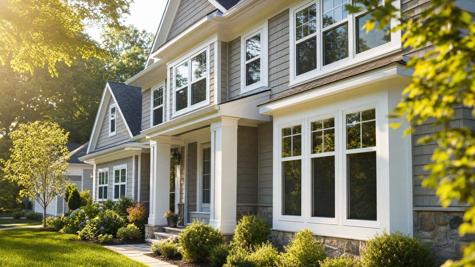 Bright summer living room with energy-efficient replacement windows and warm natural light