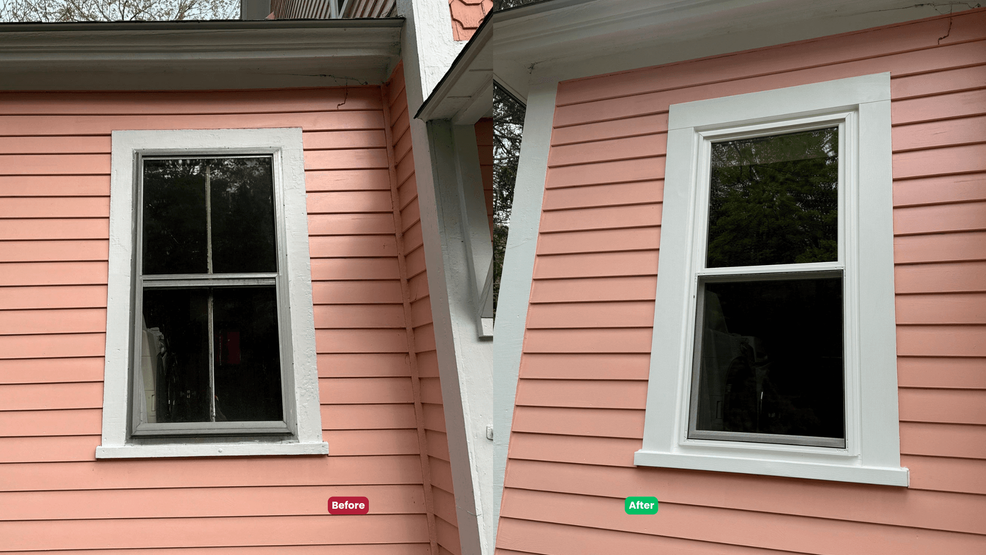 Before and after pictures of homeowner's new windows in Warren, MA.