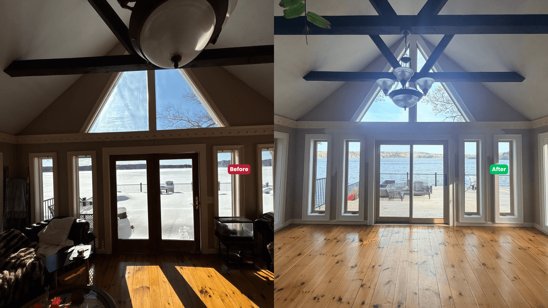 Before and after pictures of homeowners' new windows and doors in Brookfield, MA.